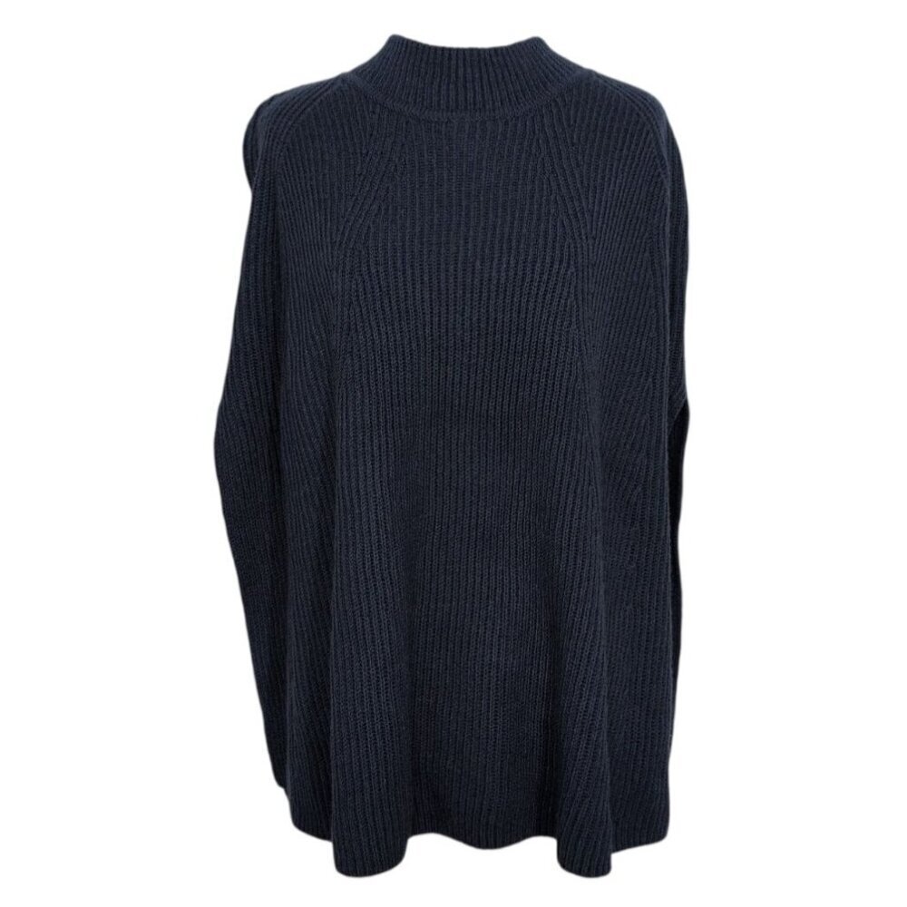 J Jill Ribbed Poncho Womens One Size Blue Knit Minimalist Mock Neck Pullover